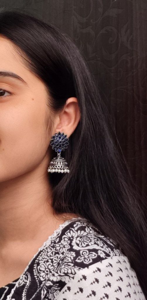 Oxidised Silver Plated Jhumka Earrings with Stone & Pearl Work Perfect for Ethnic Wear
