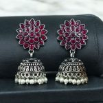 Oxidised Silver Plated Jhumka Earrings with Stone & Pearl Work Perfect for Ethnic Wear - "Pink"