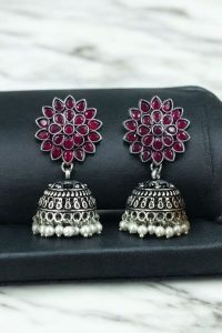 Oxidised Silver Plated Jhumka Earrings with Stone & Pearl Work Perfect for Ethnic Wear - color: "Pink"