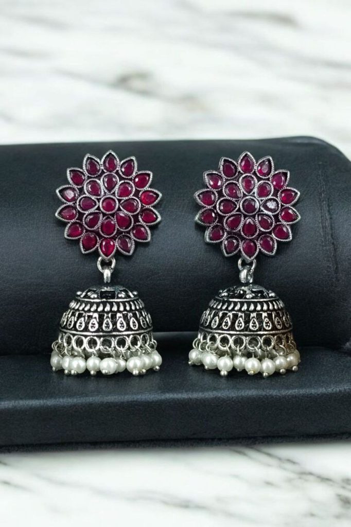 Bulk 872 Oxidised Silver Plated Jhumka Earrings with Stone & Pearl Work Perfect for Ethnic Wear - "Pink"