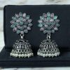 Oxidised silver plated jhumka earrings with stone and pearl detailing