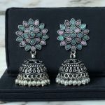 Oxidised Silver Plated Jhumka Earrings with Stone & Pearl Work Perfect for Ethnic Wear - "Baby Pink-Mint"