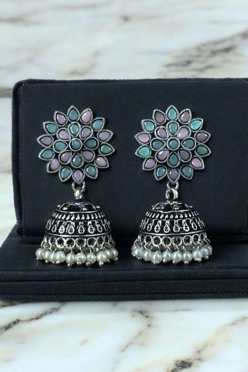 Oxidised silver plated jhumka earrings with stone and pearl detailing