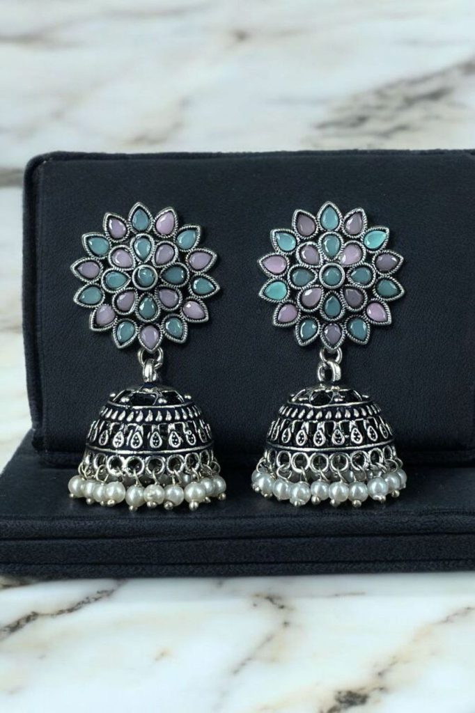 Bulk 854 Oxidised Silver Plated Jhumka Earrings with Stone & Pearl Work Perfect for Ethnic Wear - "Baby Pink-Mint"