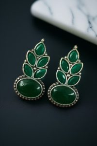 Traditional Oxidised Stud Earrings with Monalisa Stone – Perfect Silver Plated Jewelry - color: "Green"