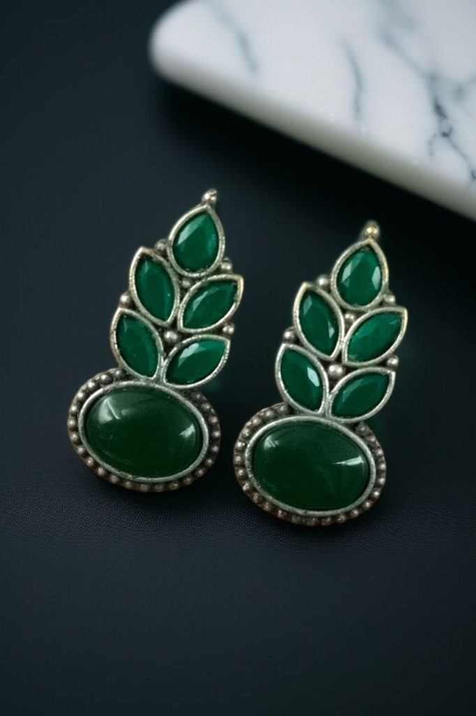 Bulk 842 Traditional Oxidised Stud Earrings with Monalisa Stone – Perfect Silver Plated Jewelry - "Green"