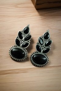 Traditional Oxidised Stud Earrings with Monalisa Stone – Perfect Silver Plated Jewelry - color: "Black"