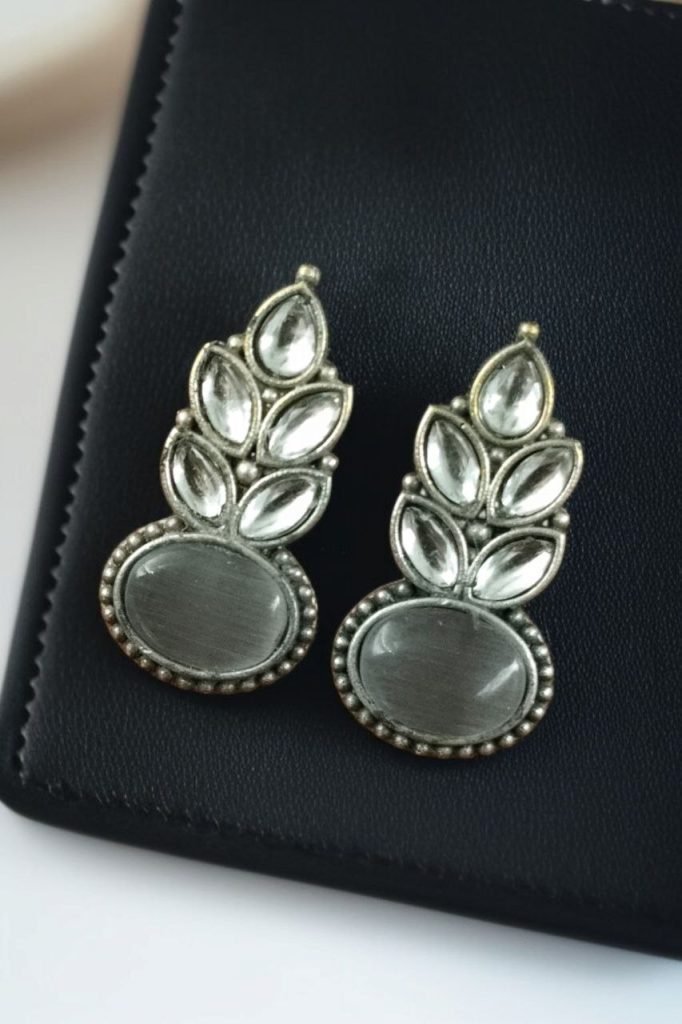 Bulk 848 Traditional Oxidised Stud Earrings with Monalisa Stone – Perfect Silver Plated Jewelry - "Grey"