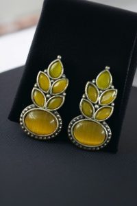 Traditional Oxidised Stud Earrings with Monalisa Stone – Perfect Silver Plated Jewelry - color: "Yellow"