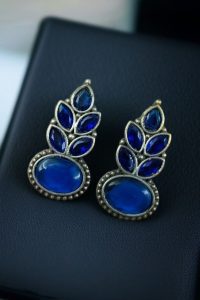 Traditional Oxidised Stud Earrings with Monalisa Stone – Perfect Silver Plated Jewelry - color: "Blue"