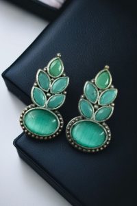 Traditional Oxidised Stud Earrings with Monalisa Stone – Perfect Silver Plated Jewelry - color: "Mint"