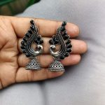 Handcrafted Beautiful Peacock Jhumki Earrings | Oxidised German Silver Dangler Jewelry - "Black"