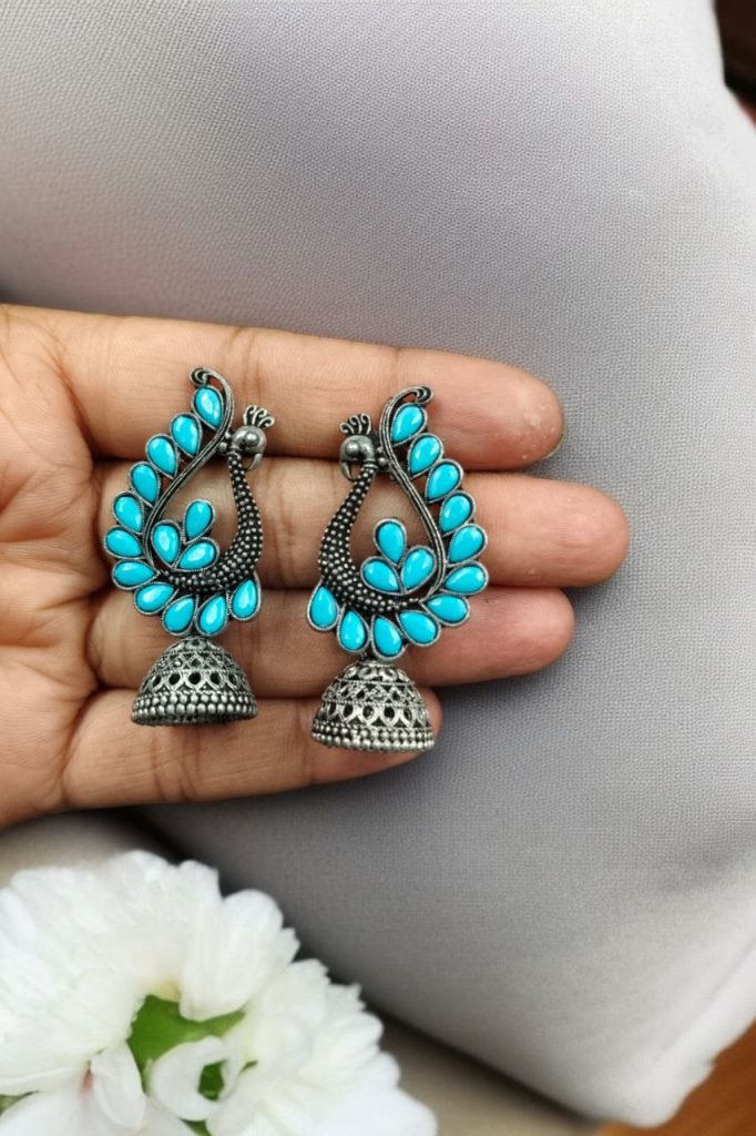 Bulk 830 Antique Finish Oxidised Peacock Jhumki Earrings with Best German Silver Stone Work - "Aqua"