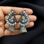 Antique Finish Oxidised Peacock Jhumki Earrings with Best German Silver Stone Work - "Baby Pink-Mint"