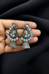 Antique Finish Oxidised Peacock Jhumki Earrings with Best German Silver Stone Work - color: "Baby Pink-Mint"