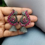 Antique Finish Oxidised Peacock Jhumki Earrings with Best German Silver Stone Work - "Red"
