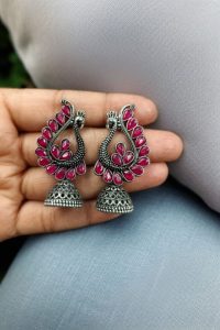 Antique Finish Oxidised Peacock Jhumki Earrings with Best German Silver Stone Work - color: "Red"