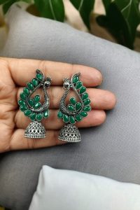 Antique Finish Oxidised Peacock Jhumki Earrings with Best German Silver Stone Work - color: "Green"