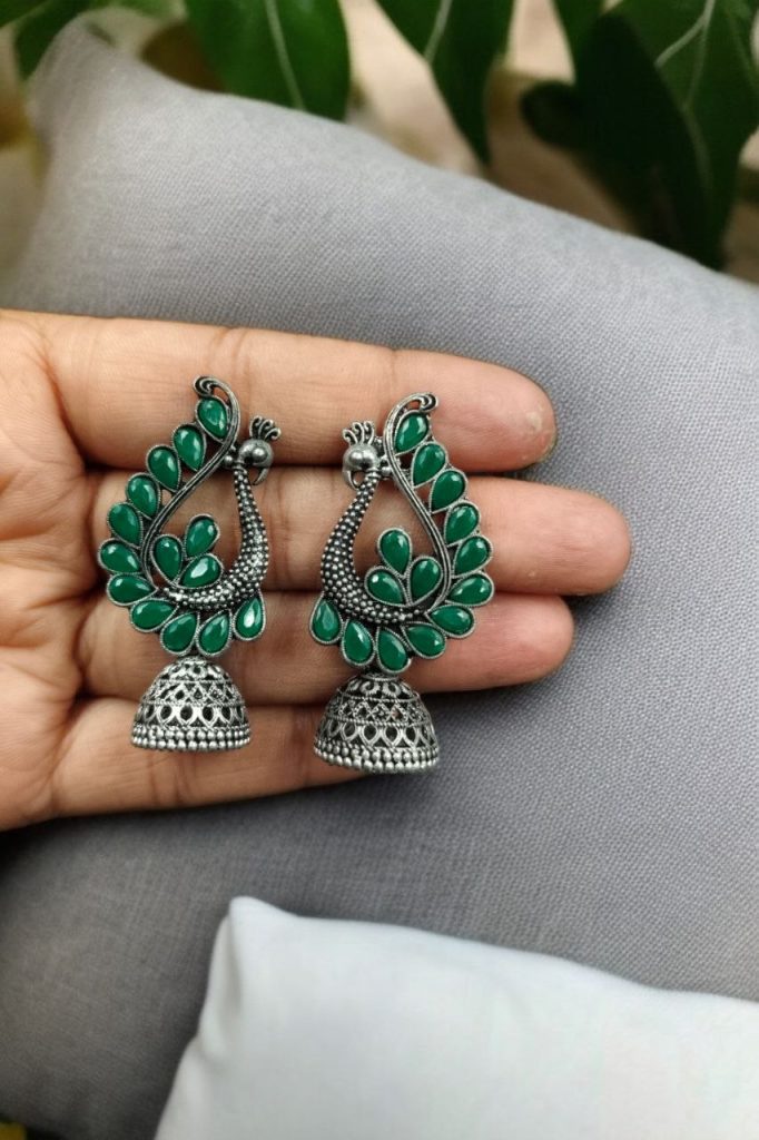 Bulk 818 Antique Finish Oxidised Peacock Jhumki Earrings with Best German Silver Stone Work - "Green"