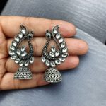 Antique Finish Oxidised Peacock Jhumki Earrings with Best German Silver Stone Work - "White"