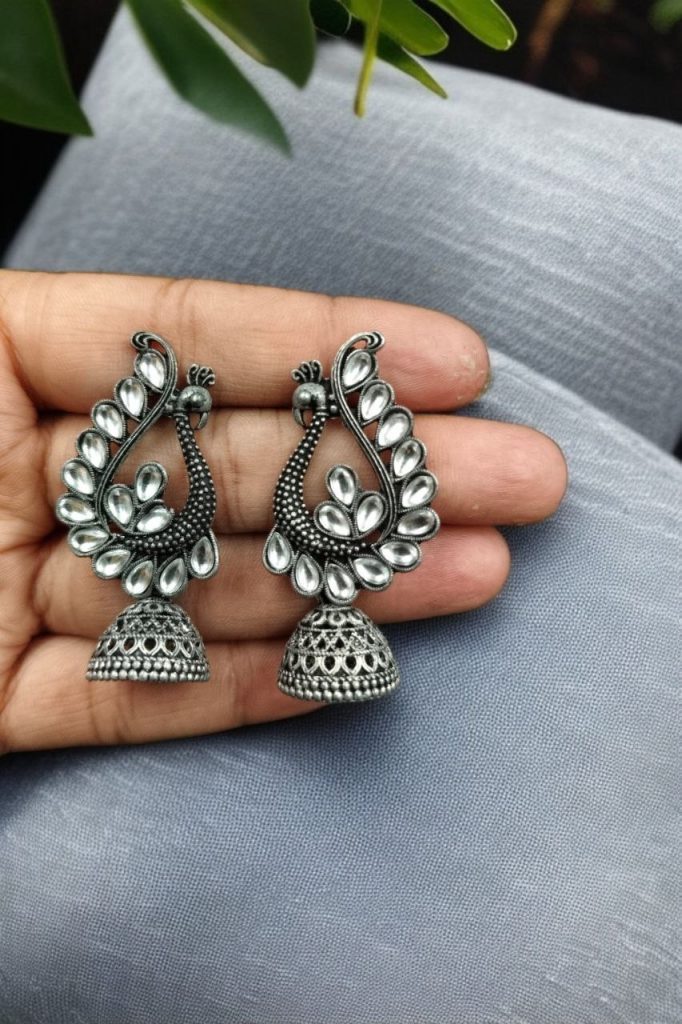 Bulk 832 Antique Finish Oxidised Peacock Jhumki Earrings with Best German Silver Stone Work - "White"