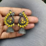 Antique Finish Oxidised Peacock Jhumki Earrings with Best German Silver Stone Work - "Yellow"