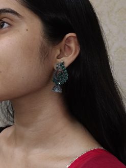 Antique oxidised peacock jhumki earrings in German silver with stone work