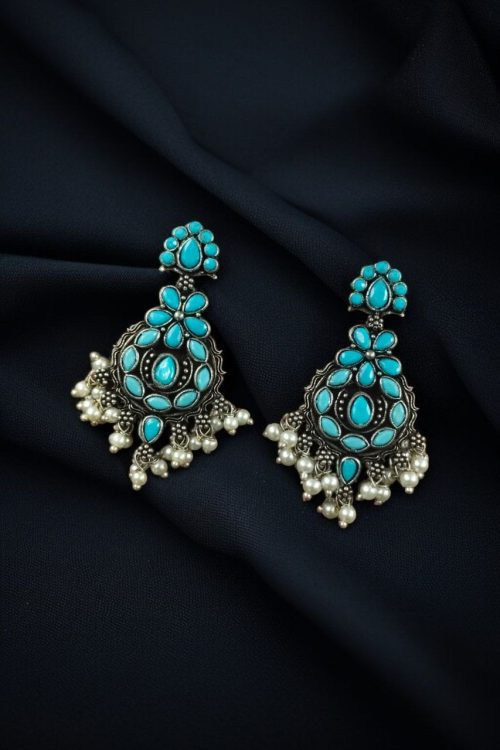 Traditional Perfect Look Silver Dangler Earrings – Elegant Stone & Pearl Detailing - Image 8
