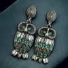 Antique silver plated owl dangler earrings with oxidised finish and stone work