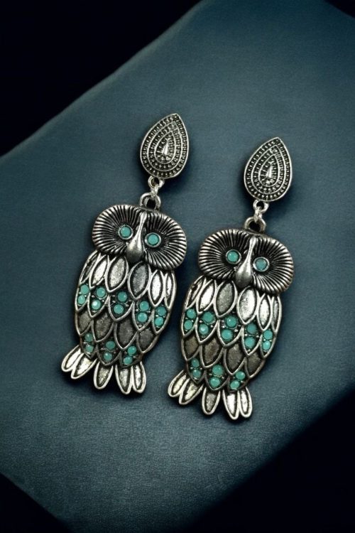 Antique silver plated owl dangler earrings with oxidised finish and stone work
