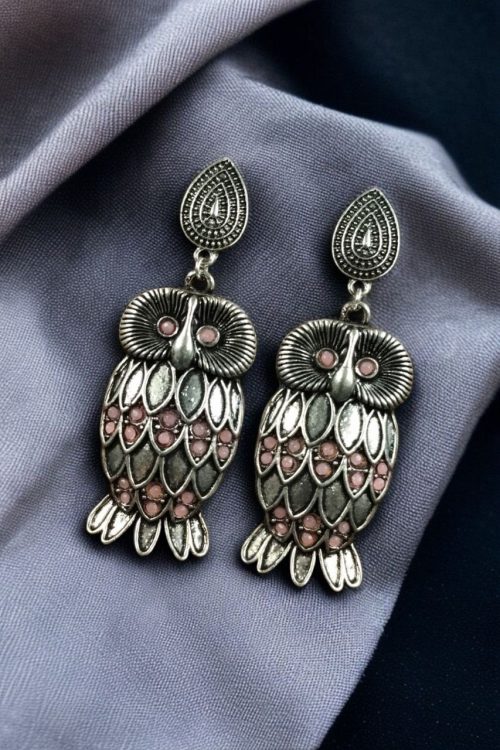 Antique silver plated owl dangler earrings with oxidised finish and stone work