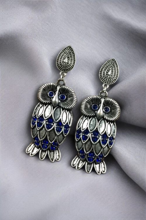 Antique silver plated owl dangler earrings with oxidised finish and stone work