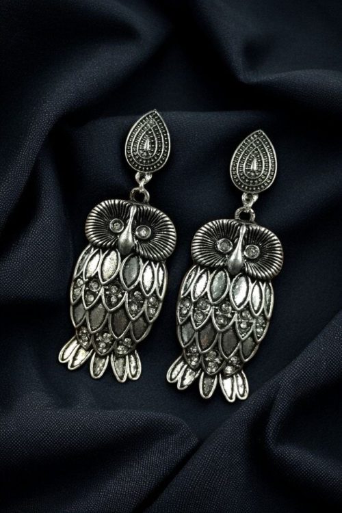 Antique silver plated owl dangler earrings with oxidised finish and stone work
