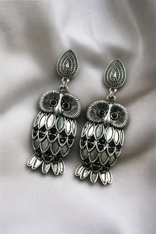 Antique silver plated owl dangler earrings with oxidised finish and stone work