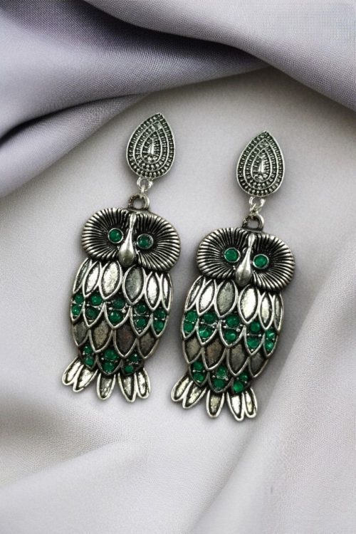 Antique silver plated owl dangler earrings with oxidised finish and stone work