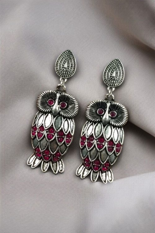 Antique silver plated owl dangler earrings with oxidised finish and stone work