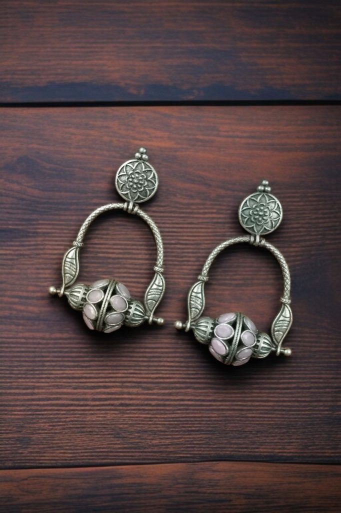 Bulk 804 Unique Design Oxidised Dangler Earrings with Stone Work – Silver Plated Ethnic Jewelry - "Baby Pink"