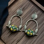 Unique Design Oxidised Dangler Earrings with Stone Work – Silver Plated Ethnic Jewelry - "Yellow-Green"