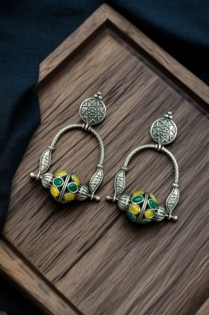 Bulk 800 Unique Design Oxidised Dangler Earrings with Stone Work – Silver Plated Ethnic Jewelry - "Yellow-Green"