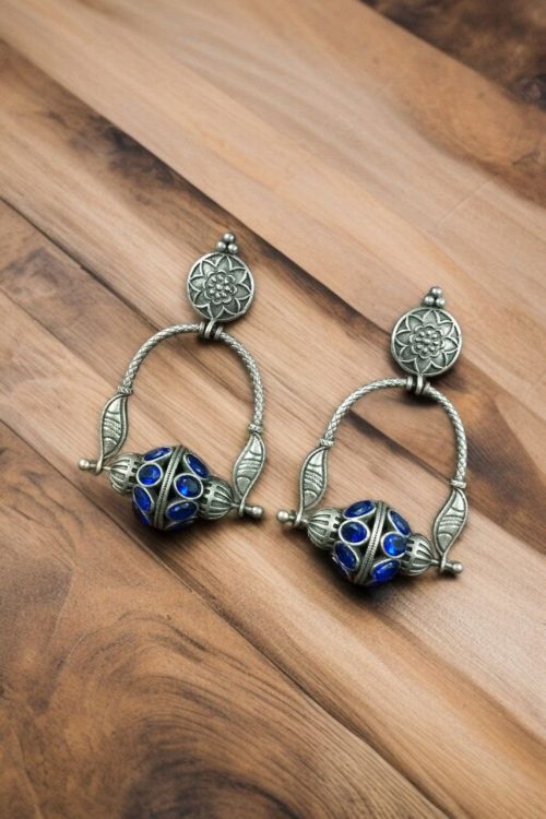 Unique oxidised dangler earrings with stone work and silver plating