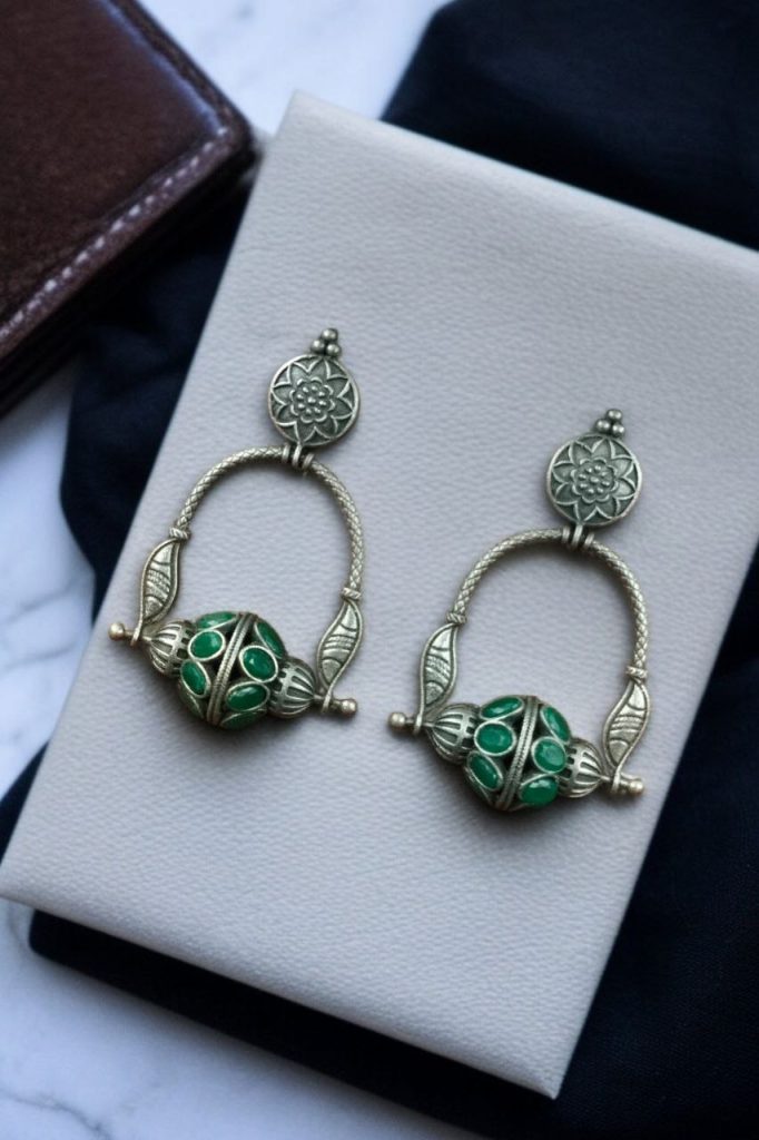 Bulk 802 Unique Design Oxidised Dangler Earrings with Stone Work – Silver Plated Ethnic Jewelry - "Green"