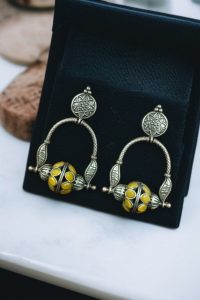 Unique Design Oxidised Dangler Earrings with Stone Work – Silver Plated Ethnic Jewelry - color: "Yellow"