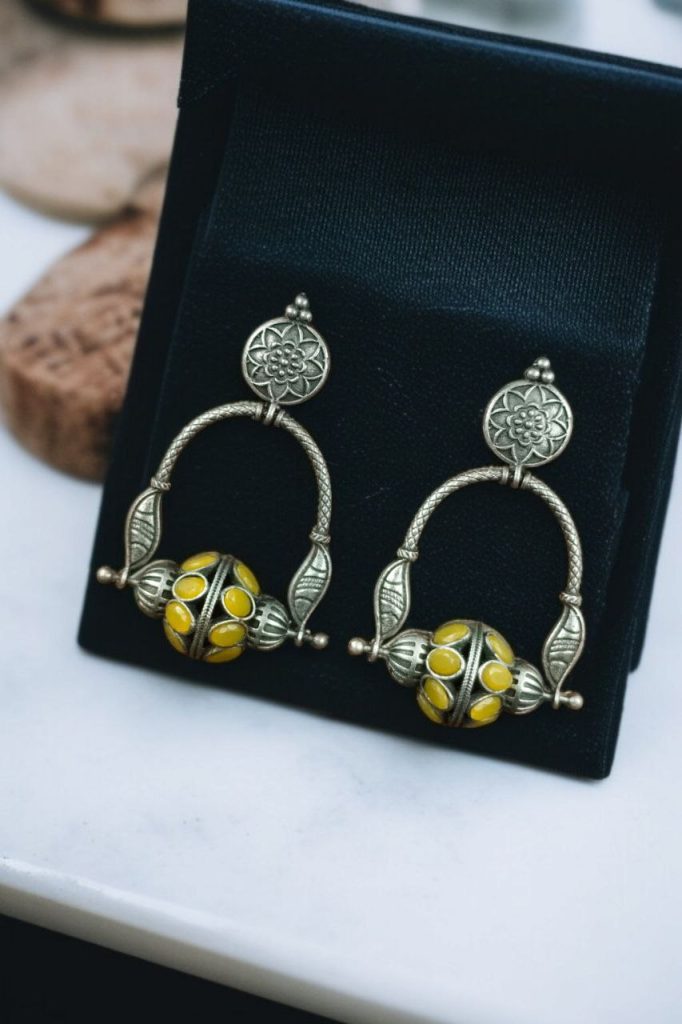 Bulk 798 Unique Design Oxidised Dangler Earrings with Stone Work – Silver Plated Ethnic Jewelry - "Yellow"