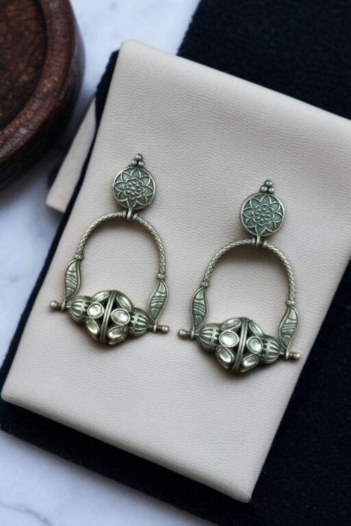 Unique oxidised dangler earrings with stone work and silver plating