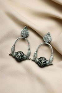 Unique Design Oxidised Dangler Earrings with Stone Work – Silver Plated Ethnic Jewelry - color: "Black"