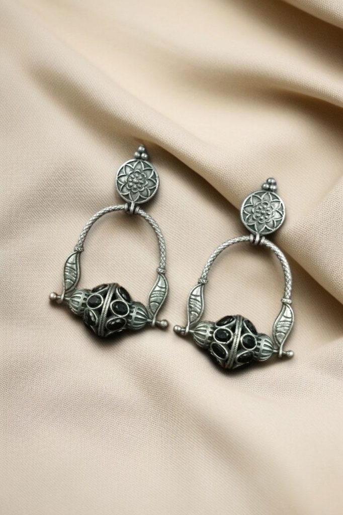 Bulk 808 Unique Design Oxidised Dangler Earrings with Stone Work – Silver Plated Ethnic Jewelry - "Black"