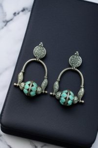 Unique Design Oxidised Dangler Earrings with Stone Work – Silver Plated Ethnic Jewelry - color: "Mint"