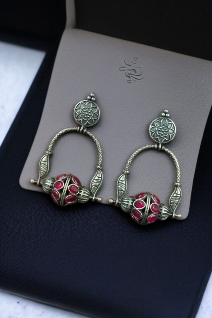 Bulk 806 Unique Design Oxidised Dangler Earrings with Stone Work – Silver Plated Ethnic Jewelry - "Red"