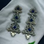 Floral Design 3 Layer Earrings with Pearls & Stones – Stylish Dangler Best Jewelry for Women - "Blue"