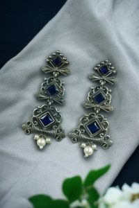 Floral Design 3 Layer Earrings with Pearls & Stones – Stylish Dangler Best Jewelry for Women - color: "Blue"